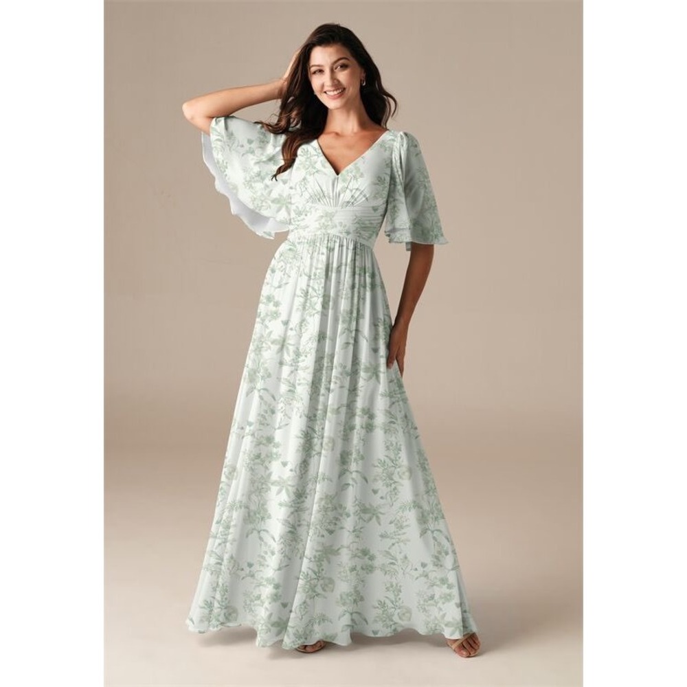 AW Bridal Kenney Green Floral V-Neck Flutter Sleeve Maxi Dress Bridesmaid Gown14
